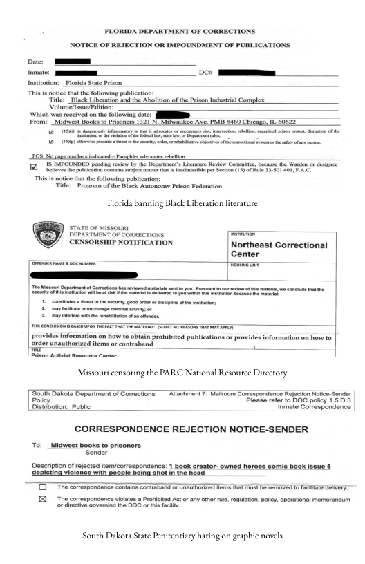 FLORIDA DEPARTMENT OF CORRECTIONS “This i ot thtthe ollowing poblcation Tl Black Liberuan nd te Aboltion of the Priso Industisl Complx Which wa recsived o th flowing date From: Mt kst Pisoners 1121 1. Meettes Ave. PIE 460 Chicage, I G022 5 DAMOUNDED g v b e Iepamens L e o e e W G e A T o an ¥ i i ot that the fllowin publcain: ke Prosram of he iack Amtonery Prison Pedersion Florida banning Black Liberation literature CENSORSHIP NOTIFICATION Northeast Correctional Center [ e 1 provides information on how t obtan prohibited publications o provides information on how o Order unauthorized iems o coteaband, Missour censoring the PARC National Resource Diecory, [’So0tn kot Daparimant of Careclons Ascmert 7 Wk Carsspondince R Nots Sarr Paicy Pioase rter 1o BOC bosey 15.0:3 | Disuton: puvte oo Conespondance CORRESPONDENCE REJECTION NOTICE-SENDER To._Midwest books to prisoners Sander Descrption ofrjeced lamicorrespondence: 1 book creator: owned heroes comic book Issue § ‘depicting iolance with Deogie being shot in the fead T e corospondones o conab o S s a5 e o e ey 0 T coespondanc it it At ay e e, g, ey, cprsioalmerorands South Dakota State Penitentiary hating on graphic novels